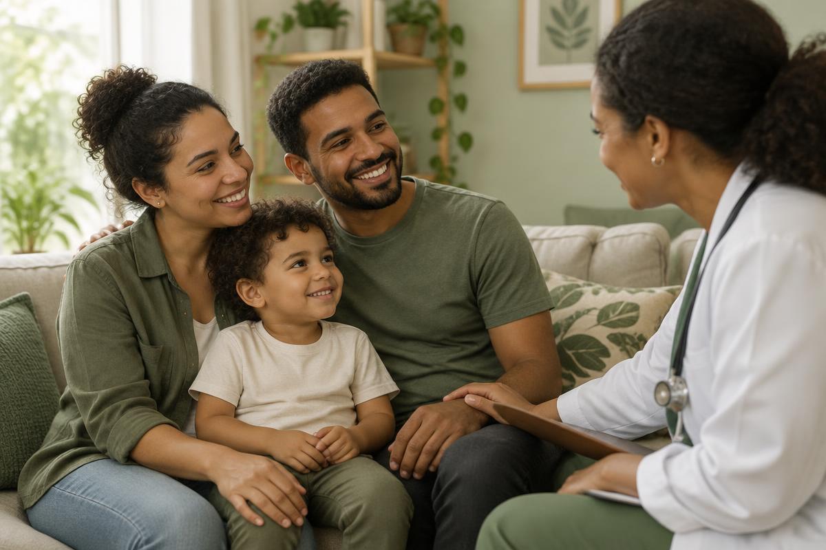 Família com criança recebendo orientação profissional